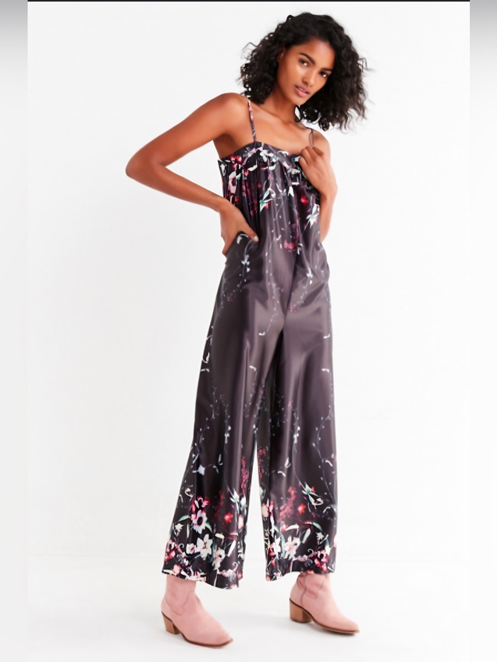 NWT Urban Outfitters Black Floral Satin Wide Leg Jumpsuit M UO